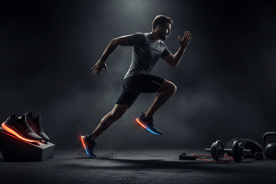 erstelle in titelbild für einen running und fitness shop im dunklen stil